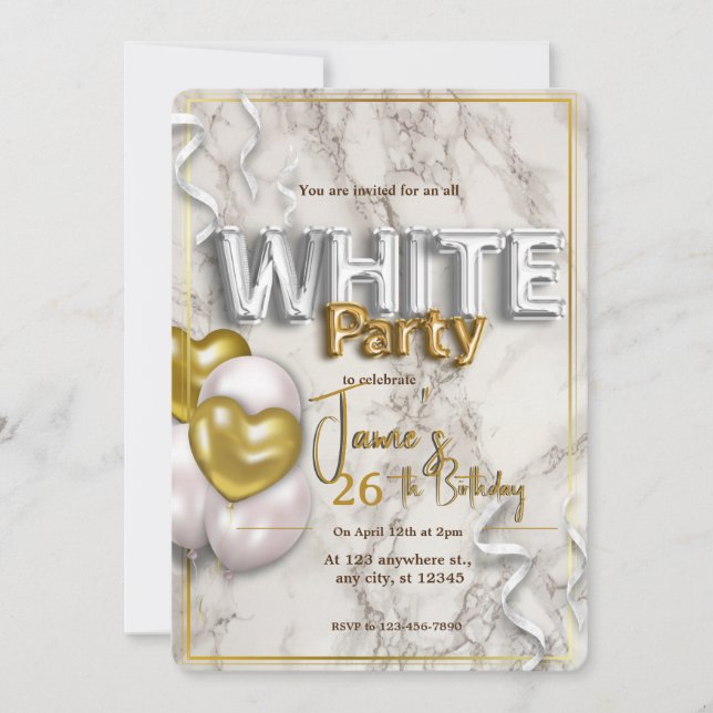 All white affair birthday invitation (Front)