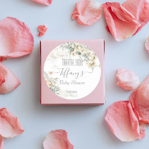 All white baby shower silver white floral favour classic round sticker