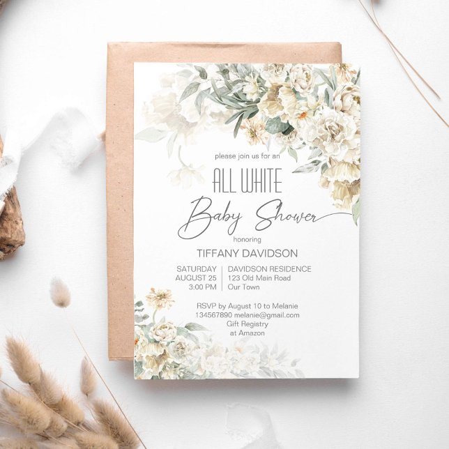 All white baby shower silver white floral invitation (All white baby shower invitation template silver sage white flowers modern calligraphy script )