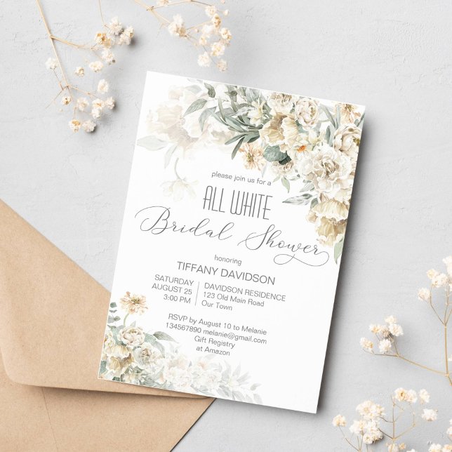 All white bridal shower silver white floral invitation (All white bridal shower silver white sage floral invitation template for white themed bridal shower)