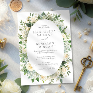 All White Hydrangeas Roses Floral Frame Wedding Invitation