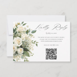 All White Hydrangeas Roses Wedding Website QR Code RSVP Card