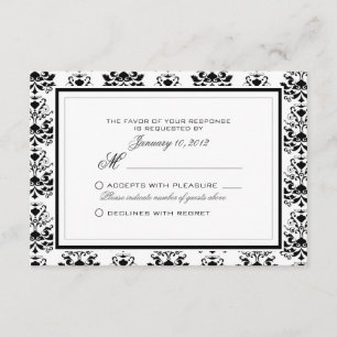All White with Black Damask Elegant RSVP Custom Card