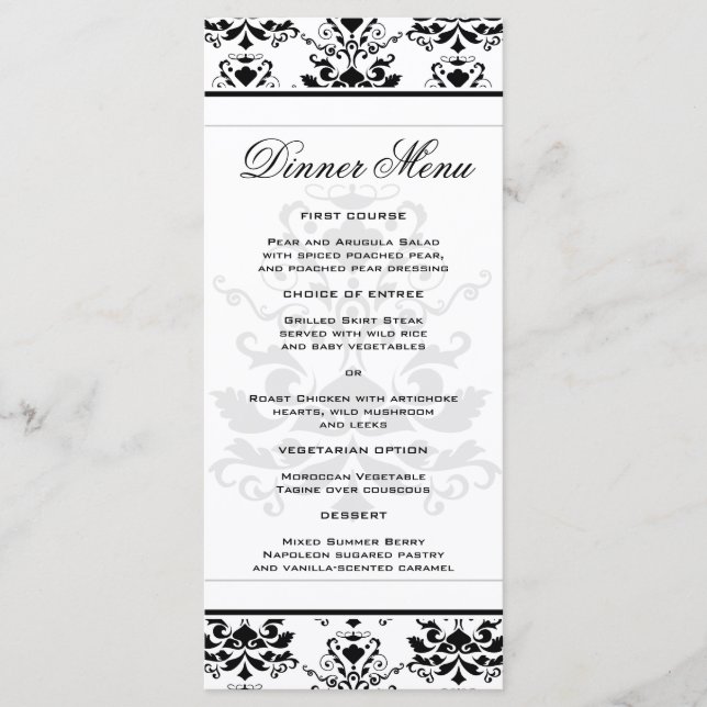 All White with Black Damask Slim Dinner Menu (Front)