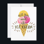 All You Need is Ice Cream – Fun Summer Postcard<br><div class="desc">Send smiles with a scoop of sweetness! This cheerful postcard features a watercolor-style triple-scoop ice cream cone and playful lettering that reads “All You Need is Ice Cream.” Perfect for summer greetings, party invitations, thank-you notes, or just saying hi the delicious way. Whether you're celebrating warm weather, sweet friendships, or...</div>