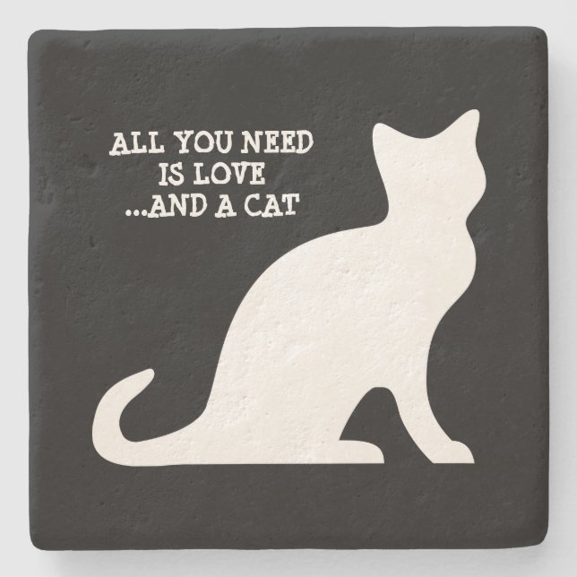 ALL YOU NEED IS LOVE AND A CAT limestone coaster (Front)