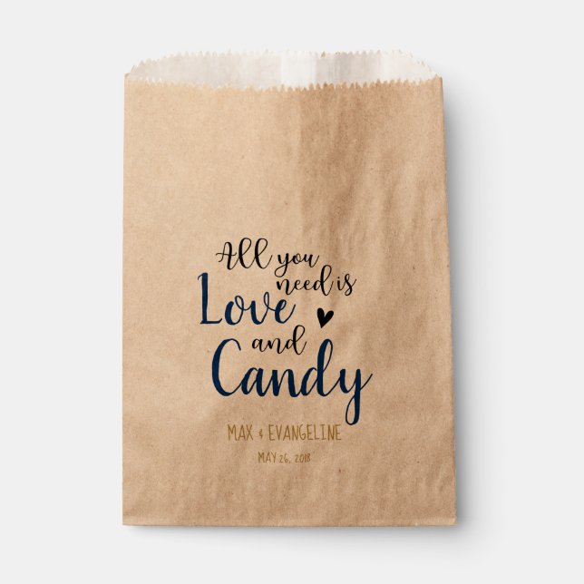 All You Need Is Love and Candy Navy and Gold Favour Bags (Front)