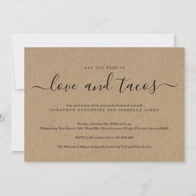 All You Need is Love and Tacos Rehearsal Dinner Invitation (Front)