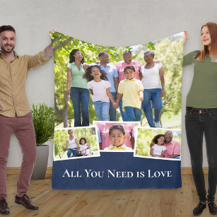 All You Need is Love Family 4 Photo Collage Blue Fleece Blanket