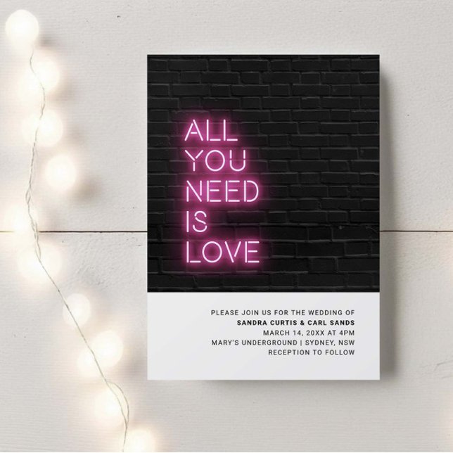 All you need is love Neon Glow Light Wedding Invit Invitation (Creator Uploaded)