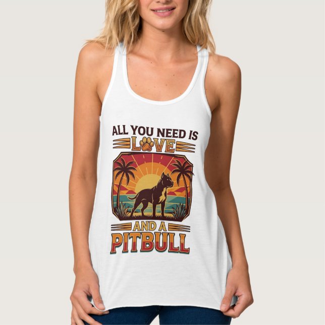 All You Need Is Love Pitbull Dog Sunset Palm Trees Singlet (Front)