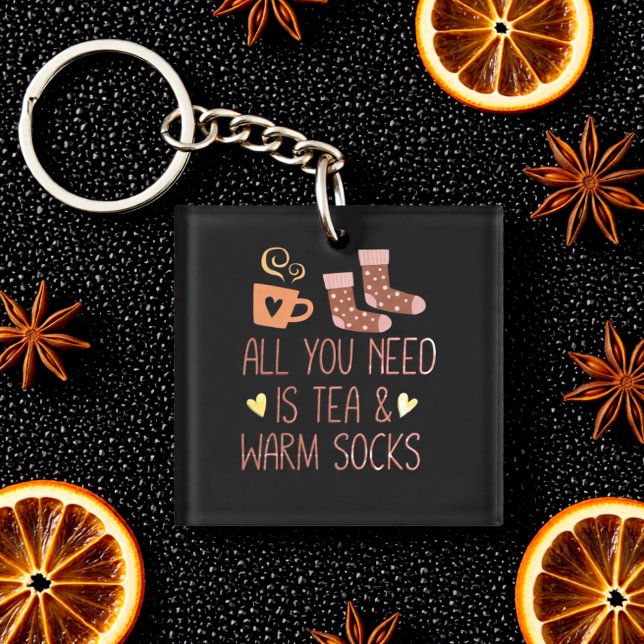 All you need is Tea & Warm socks seasonal black Key Ring (All You Need Is Tea & Warm Socks – Cozy Quote Keychain)