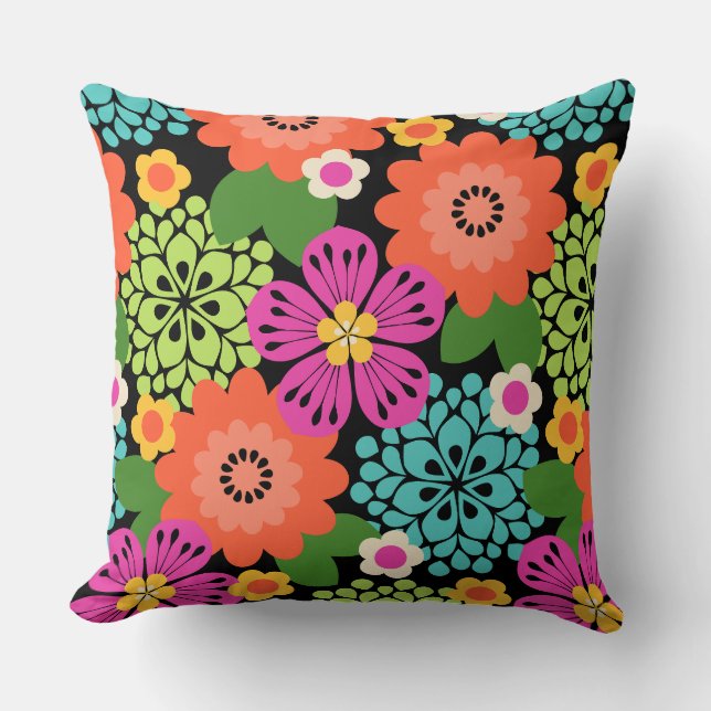 Allana Garden Hawaiian Graphical Floral - Black Cushion (Front)