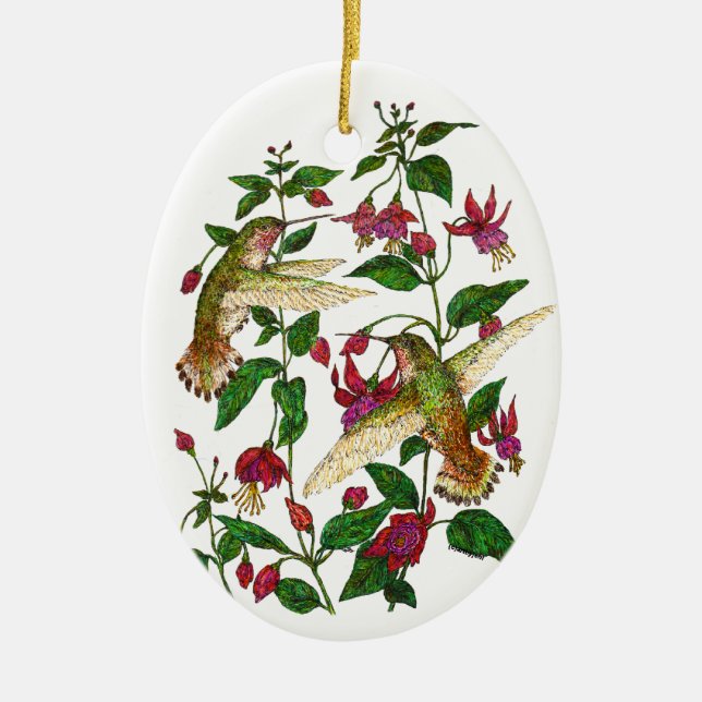 Allan's Hummingbirds & Fuschia Ceramic Tree Decoration (Front)