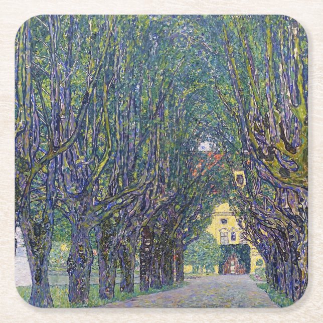 Allee at Schloss Kammer, Gustav Klimt Square Paper Coaster (Front)
