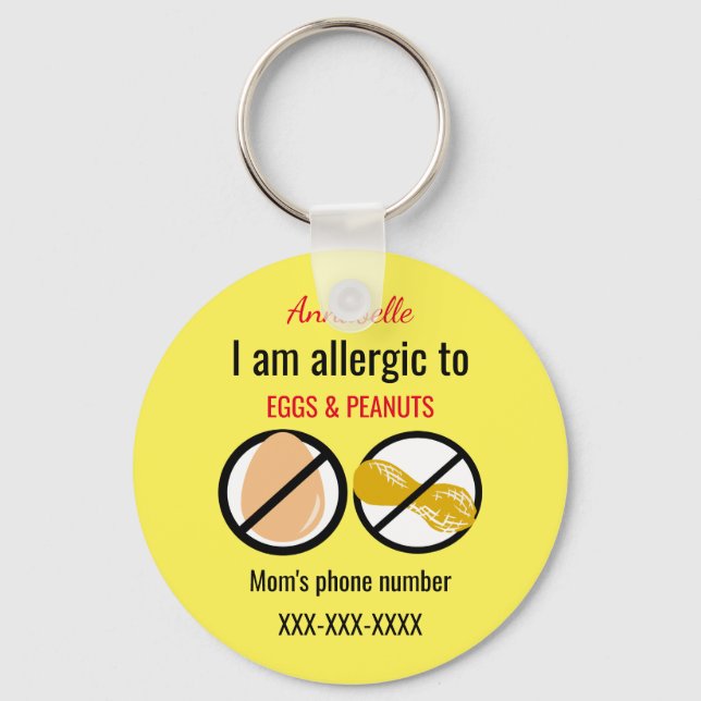 Allergic to Peanuts and Eggs Kids Personalised Key Ring (Front)