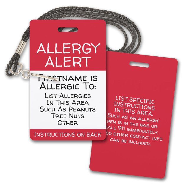 Allergy Alert for Medical Emergency Contact Info ID Badge (Allergy Alert Plastic Badge for Lanyard - Custom Allergy Alert. Add name, allergy and instructions)