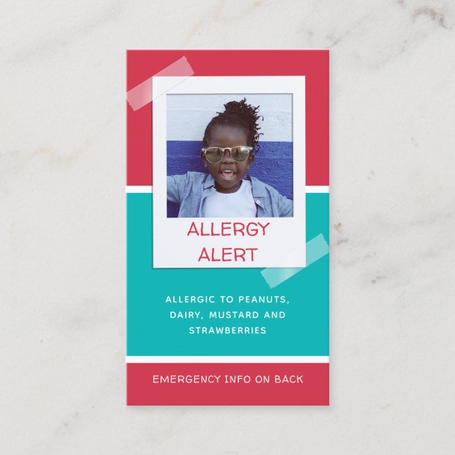 Allergy Alert Kids Photo Medical Emergency Daycare Calling Card (Front)