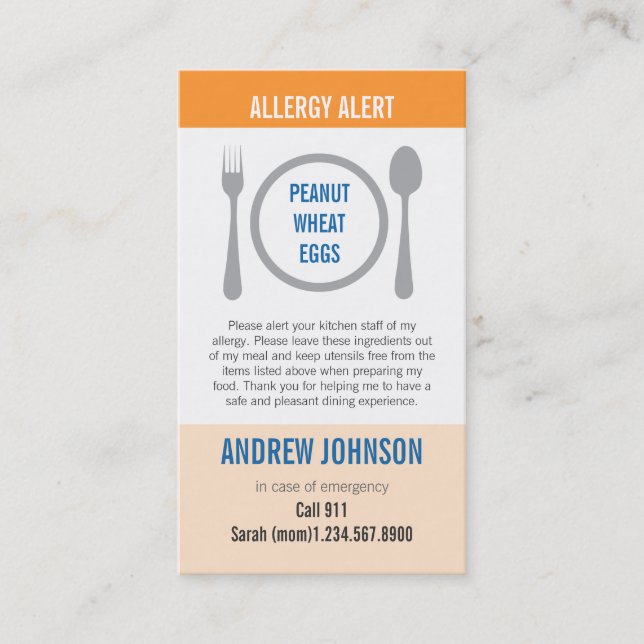 Allergy Alert Orange Duotones Calling Card (Front)