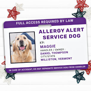 Allergy Alert Service Dog Personalised Photo ID ID Badge
