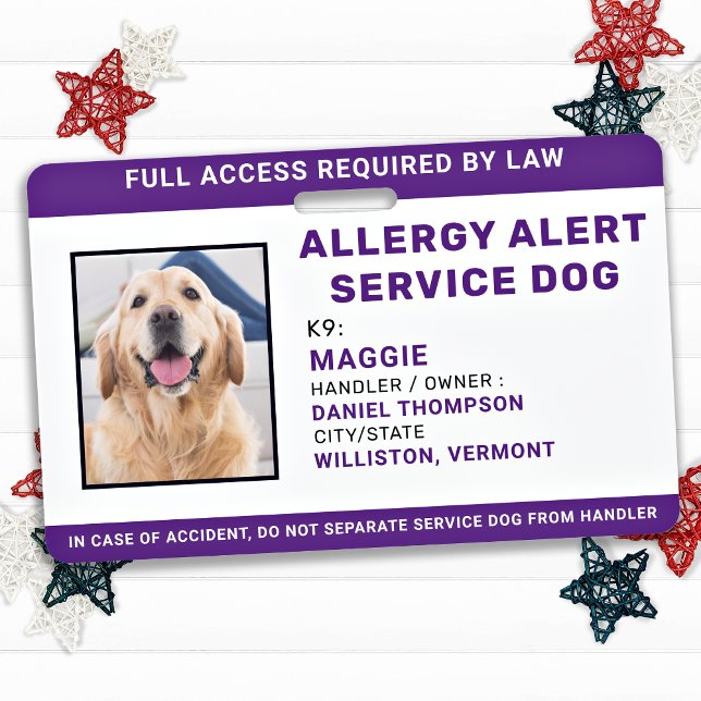 Allergy Alert Service Dog Personalised Photo ID ID Badge (Creator Uploaded)