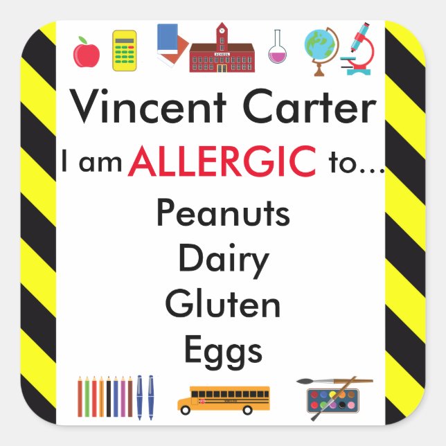 Allergy Alert Sticker for School Child's Desk (Front)