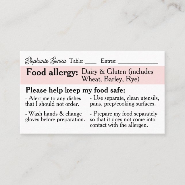 Allergy Dining Card, Celiac Friendly Restaurant Calling Card (Front)