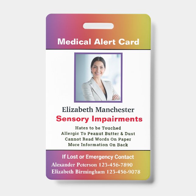 Allergy Disability Alert Contact ID Photo Custom  Badge (Front)