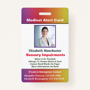 Allergy Disability Alert Contact ID Photo Custom  ID Badge