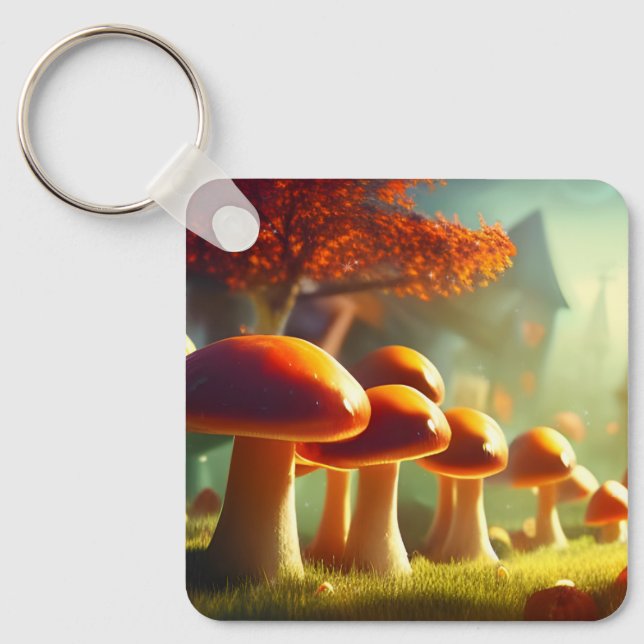 Alley of cute mushrooms colourful magical scenery key ring (Front)