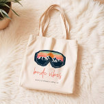 ALLIE Ski Snowboarding Bride Vibes Bachelorette Tote Bag<br><div class="desc">The Allie Collection features ski/snowboarding goggles bright pinks,  oranges and green sunset skies over the snowcapped mountains with navy pine trees. This collection is perfect for your mountain ski or snowboarding winter cabin bachelorette weekend.</div>
