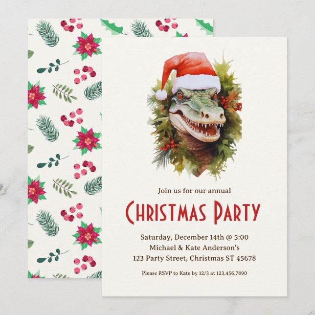 Alligator a Santa Hat Poinsettias Christmas Party Invitation (Front/Back)