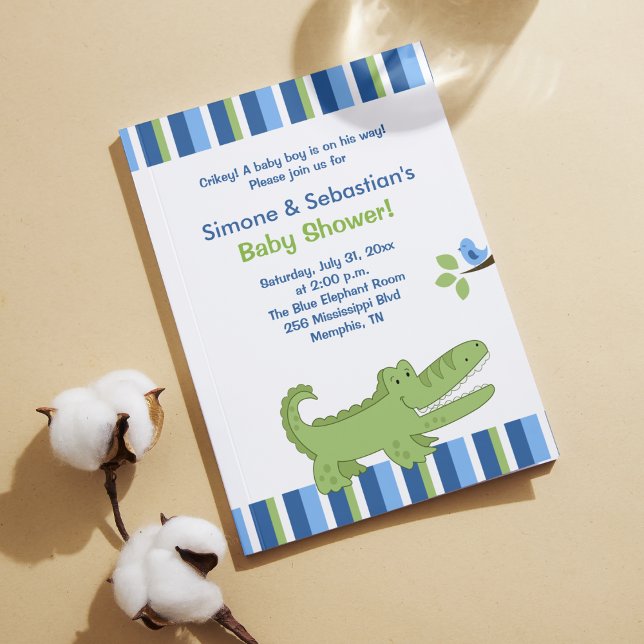 Alligator Baby Shower Invitation Blue/Green 4x6 (Alligator Baby Shower Invitations)