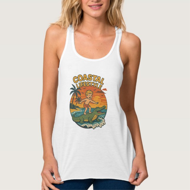 Alligator Beach Surfing | Retro Gator Coastal Surf Singlet (Front)