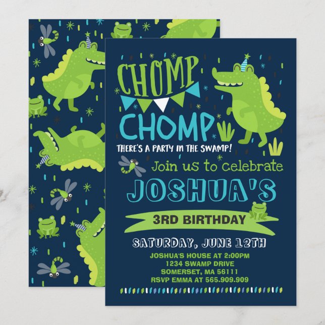 Alligator Birthday Invitation Crocodile Party (Front/Back)