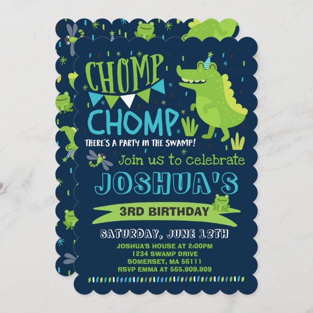 Alligator Birthday Invitation Crocodile Party (Front/Back)