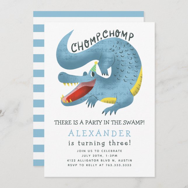 Alligator Birthday Party Blue Invitation (Front/Back)