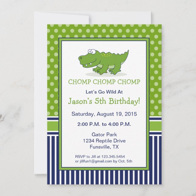 Alligator Birthday Party Invitation Blue and Green (Front)