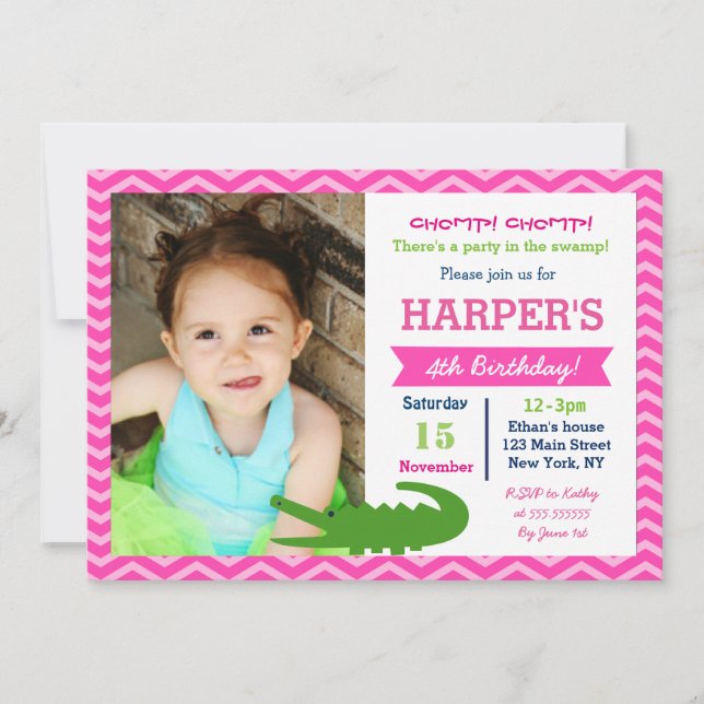 Alligator Birthday Party Invitations for Girl (Front)