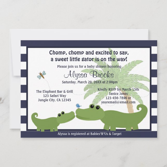 Alligator Blue striped baby shower invitation AMP (Front)