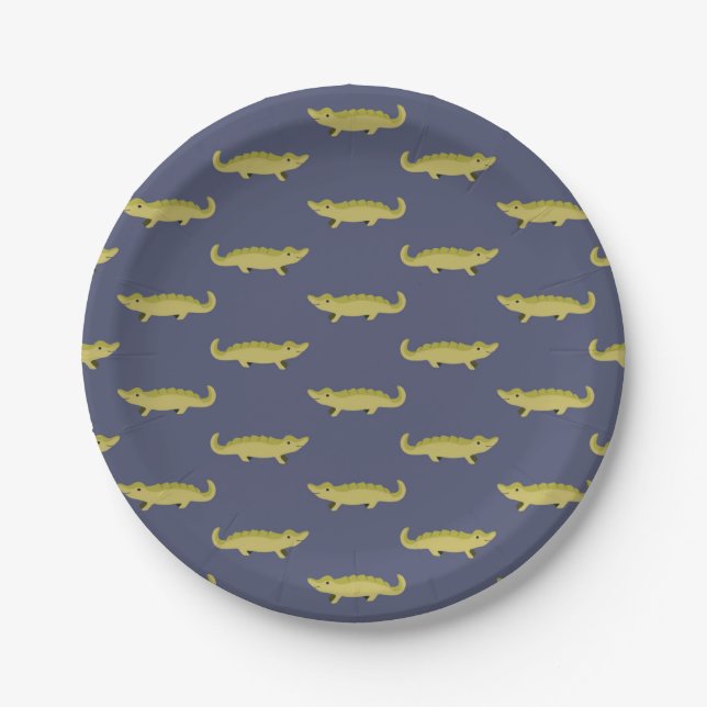 alligator cartoon printed blue paper plate (Front)