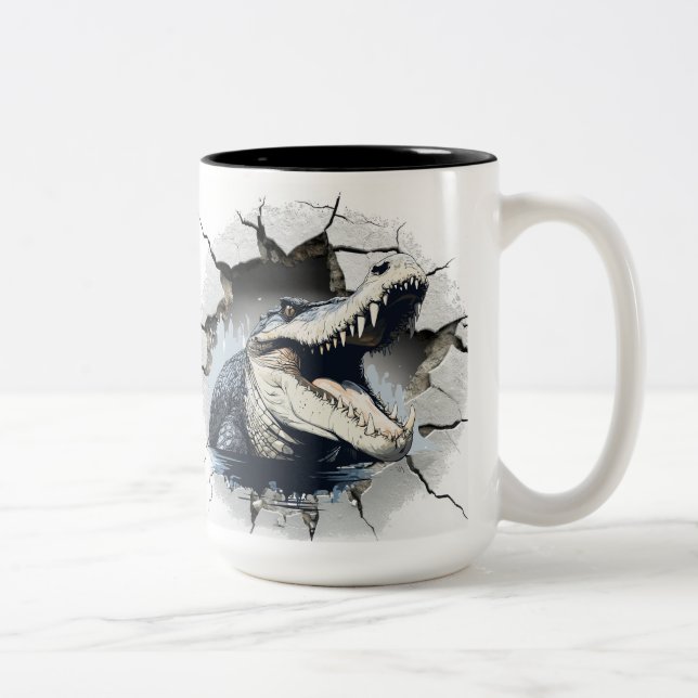 alligator coming out from a wall Two-Tone coffee mug (Right)