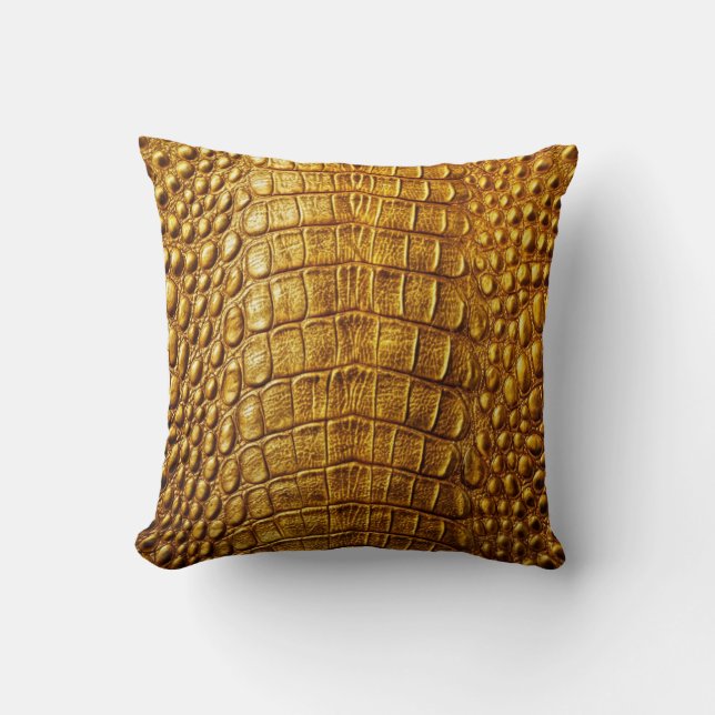 Alligator Crocodile Skin Faux Old Gold Leather  Cushion (Front)