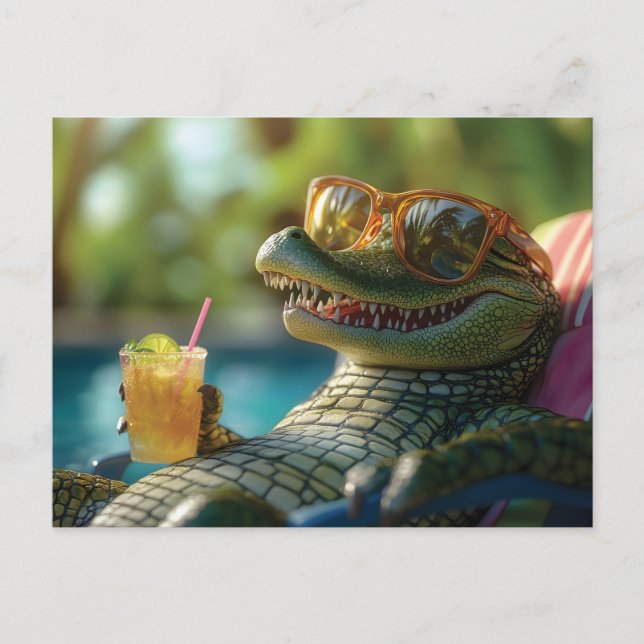 Alligator Enjoying a Poolside Cocktail Holiday Postcard (Front)