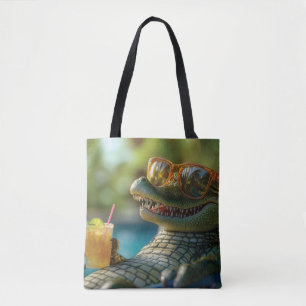 Alligator Enjoying a Poolside Cocktail Tote Bag