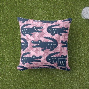 Alligator Greek Key- Hot Pink & Navy Monogram Cushion