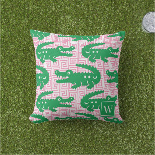 Alligator Greek Key- Pink & Green Monogram Cushion
