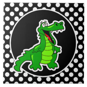 Alligator on Black and White Polka Dots Tile