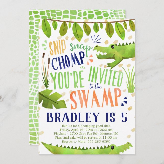 Alligator or Crocodile Birthday Party Invitation (Front/Back)