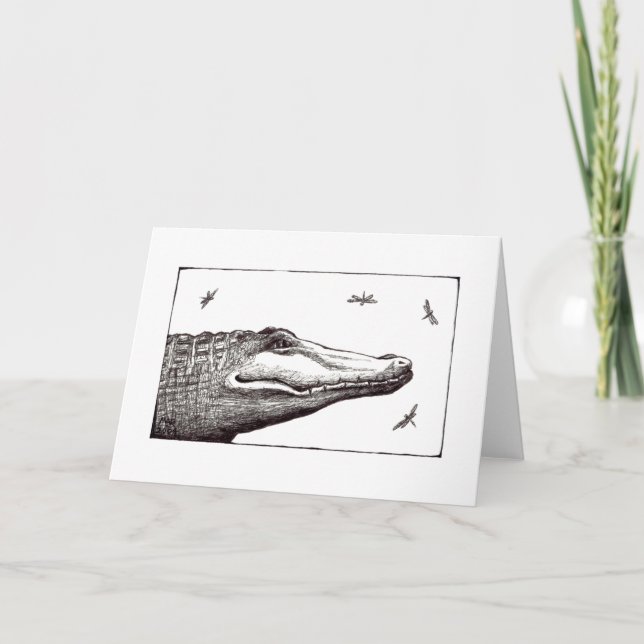 Alligator or crocodile dragonflies fun art drawing card (Front)